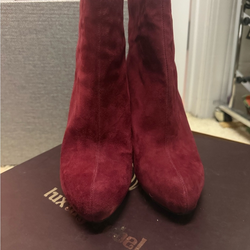 Luxury Rebel Rich Burgundy Suede Heeled Boots
